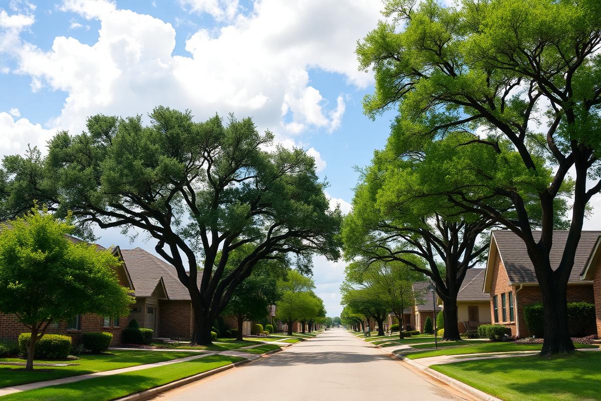 Tree-lined residential street of single-family brick homes in Denton, Texas