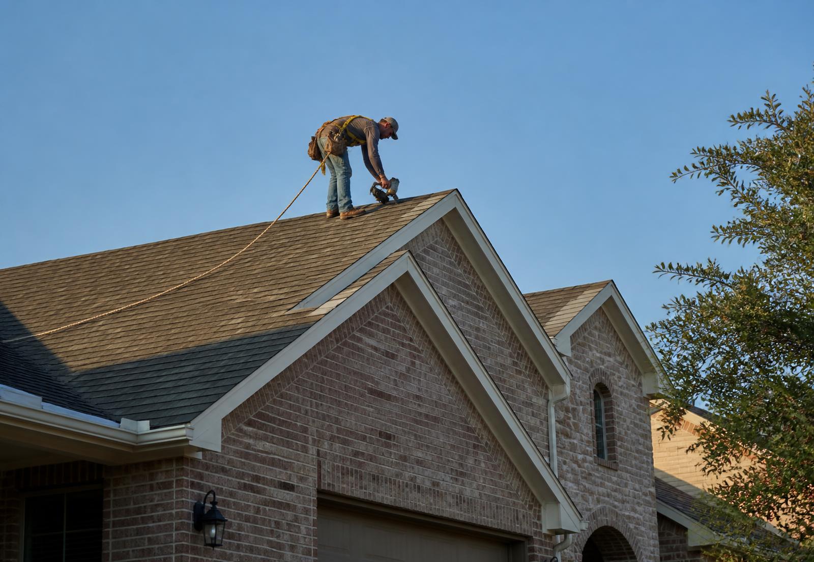 Roofing professional installing asphalt shingles on the ridge of a brick Texas home