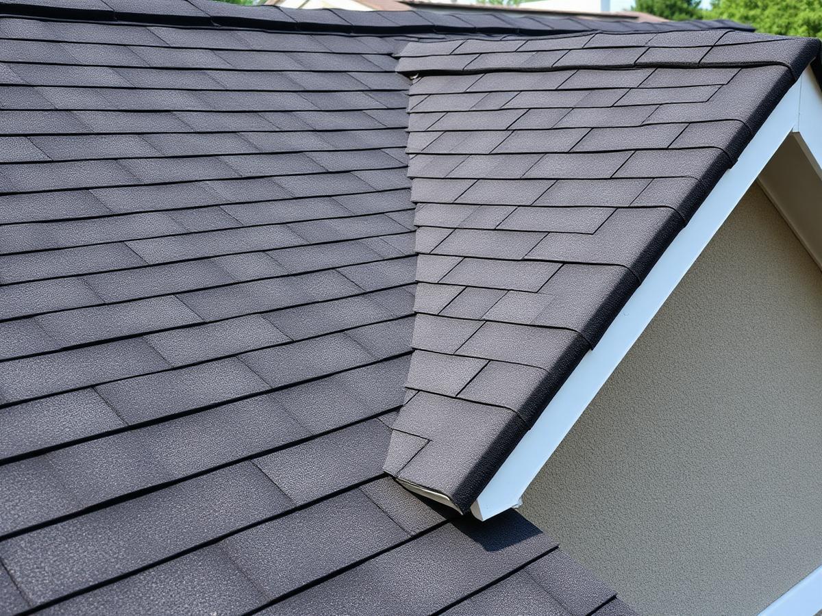 Close-up of newly installed charcoal asphalt shingles along a roof ridge